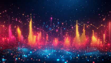 Vivid Vector Chart Financial Display with Dynamic Lines, Gradient Bars, and Dark Background