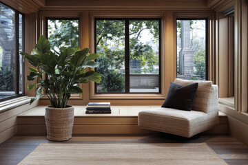 Fototapeta premium Cozy interior space with large windows and modern furnishings in natural light