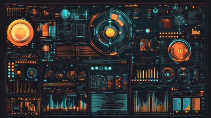 Futuristic Control Panel Interface Displays Data, Dark Background