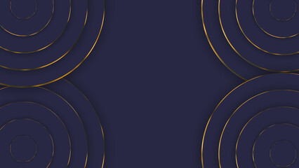 Dark blue background gold concentric circles form elegant design..