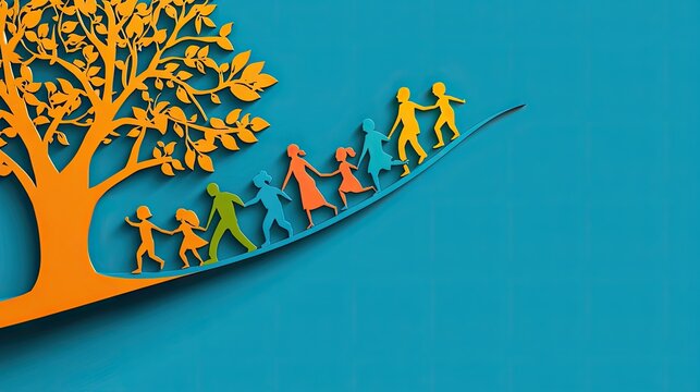 Family tree path, children walking, blue background, growth concept, illustration