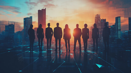 	
Abstract business team stands on the peak of success amid tall, innovative Smart city and graphs with statistics to analyze business potential and predict future developments in company growth.