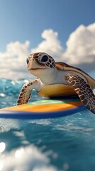 Obraz premium Baby turtle is riding a surfboard in the ocean. The scene is playful and lighthearted, with the turtle seemingly enjoying its time on the board