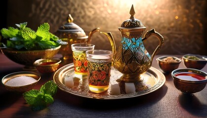 Elegant Ramadan Kareem Background with Lanterns, Crescent Moon, and Floral Patterns in Gold and Blue