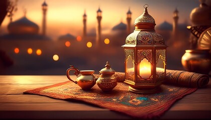 Elegant Ramadan Kareem Background with Lanterns, Crescent Moon, and Floral Patterns in Gold and Blue