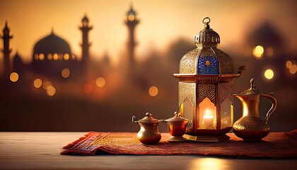 Elegant Ramadan Kareem Background with Lanterns, Crescent Moon, and Floral Patterns in Gold and Blue