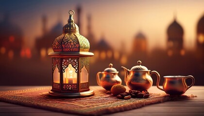 Elegant Ramadan Kareem Background with Lanterns, Crescent Moon, and Floral Patterns in Gold and Blue