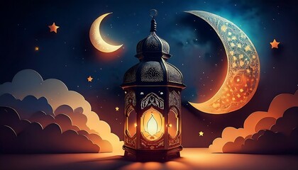Elegant Ramadan Kareem Background with Lanterns, Crescent Moon, and Floral Patterns in Gold and Blue