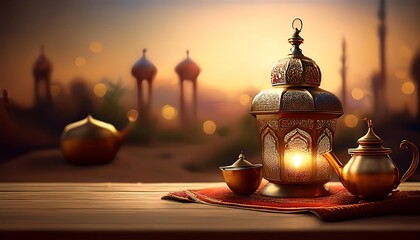 Elegant Ramadan Kareem Background with Lanterns, Crescent Moon, and Floral Patterns in Gold and Blue