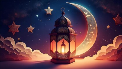 Elegant Ramadan Kareem Background with Lanterns, Crescent Moon, and Floral Patterns in Gold and Blue