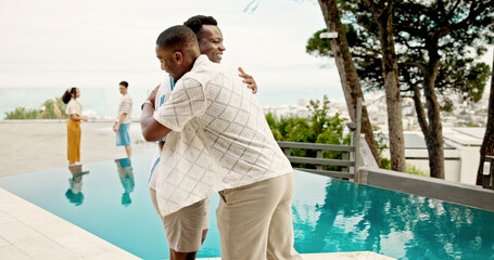 Happy men, hug and greeting with pool at resort for party, celebration or get together. Male...