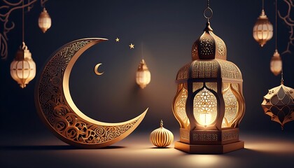 Elegant Ramadan Kareem Background with Lanterns, Crescent Moon, and Floral Patterns in Gold and Blue