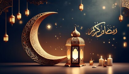 Elegant Ramadan Kareem Background with Lanterns, Crescent Moon, and Floral Patterns in Gold and Blue