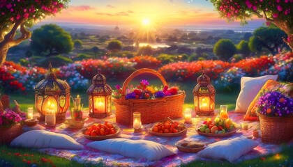 Elegant Ramadan Kareem Background with Lanterns, Crescent Moon, and Floral Patterns in Gold and Blue