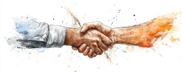A watercolor illustration of two hands shaking, symbolizing agreement, partnership, or collaboration.