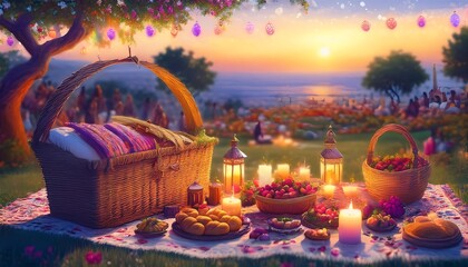 Elegant Ramadan Kareem Background with Lanterns, Crescent Moon, and Floral Patterns in Gold and Blue