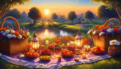Elegant Ramadan Kareem Background with Lanterns, Crescent Moon, and Floral Patterns in Gold and Blue