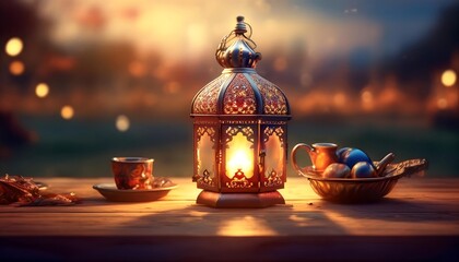 Elegant Ramadan Kareem Background with Lanterns, Crescent Moon, and Floral Patterns in Gold and Blue