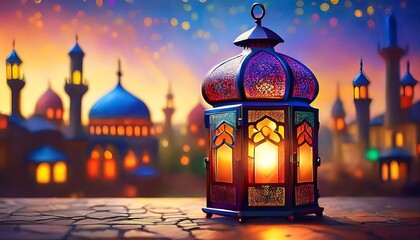 Elegant Ramadan Kareem Background with Lanterns, Crescent Moon, and Floral Patterns in Gold and Blue