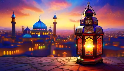 Elegant Ramadan Kareem Background with Lanterns, Crescent Moon, and Floral Patterns in Gold and Blue