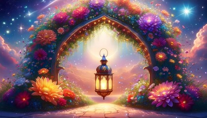 Elegant Ramadan Kareem Background with Lanterns, Crescent Moon, and Floral Patterns in Gold and Blue
