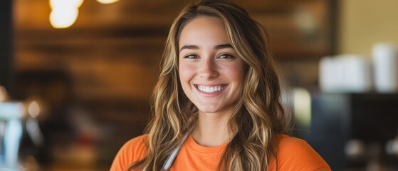 Woman smiling in a cafÃ© setting, wearing an orange shirt, promoting friendly customer service and approachable atmosphere. Ideal for food and beverage business themes.