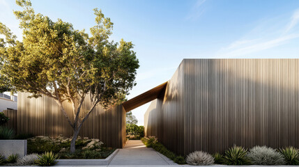 Fototapeta premium Elegant wooden architecture blending with nature in a modern landscape under blue sky