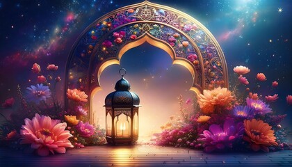 Elegant Ramadan Kareem Background with Lanterns, Crescent Moon, and Floral Patterns in Gold and Blue