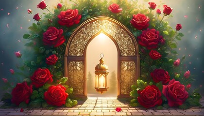 Elegant Ramadan Kareem Background with Lanterns, Crescent Moon, and Floral Patterns in Gold and Blue