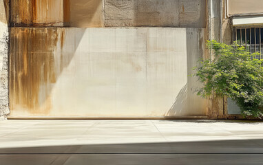 Urban wall with greenery at midday highlights changing textures and light patterns