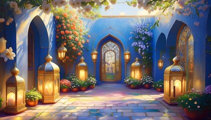 Elegant Ramadan Kareem Background with Lanterns, Crescent Moon, and Floral Patterns in Gold and Blue