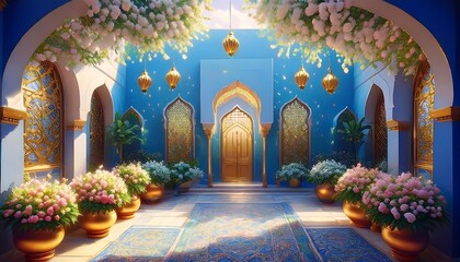Elegant Ramadan Kareem Background with Lanterns, Crescent Moon, and Floral Patterns in Gold and Blue