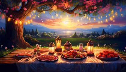 Elegant Ramadan Kareem Background with Lanterns, Crescent Moon, and Floral Patterns in Gold and Blue