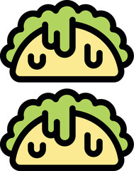 Two stylized tacos with dripping guacamole and lettuce, simple colorful icon of mexican food
