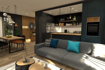 Modern open-plan living space with kitchen, dining area, and sofa.