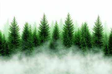 Obraz premium Lush evergreen trees emerging through mist.
