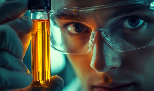 A scientist holds a vial of glowing liquid, their eyes filled with both fear and hope, as they push the boundaries of genetic engineering, Generative AI