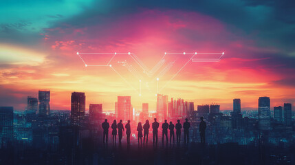 Fototapeta premium Abstract business team stands on the peak of success amid tall, innovative Smart city and graphs with statistics to analyze business potential and predict future developments in company growth.