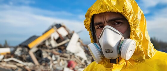 Naklejka premium Worker in protective gear with respirator mask at construction site. Safety measures, environmental cleanup, and debris removal in hazardous waste management.