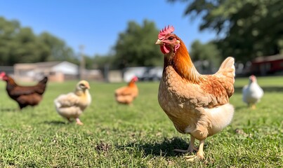 Fototapeta premium a mother hen with her chicks on the grass, Generative AI
