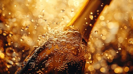 Close-up of a bottle of champagne popping open, bubbles and golden glow, festive celebration 