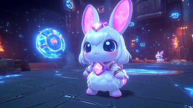 Adorable Luminescent Bunny Casting a Glowing Orb in a Fantasy Setting