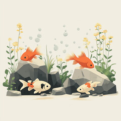 Goldfish swimming in a tank with plants and rocks.