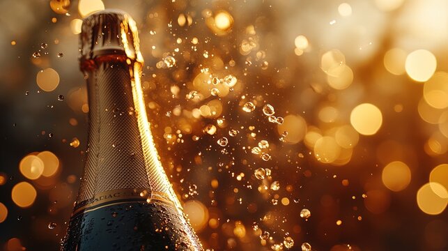 Close-up of a bottle of champagne popping open, bubbles and golden glow, festive celebration 