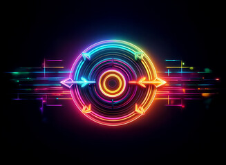 Vibrant, multicolored circular design with arrows radiating outward, suggesting movement and connection.  A futuristic, glowing symbol of technology and flow.