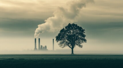 A solitary tree stands against a backdrop of industrial smokestacks, emitting smoke into a foggy sky, highlighting the contrast between nature and pollution.