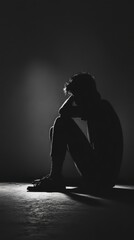 Person in dark room, looking over shoulder with anxious expression