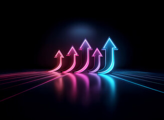 Naklejka premium Glowing neon arrows ascend in a dark, reflective space, suggesting growth and progress. The vibrant pink and blue hues create a dynamic visual.