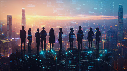 Abstract business team stands on the peak of success amid tall, innovative Smart city and graphs with statistics to analyze business potential and predict future developments in company growth.