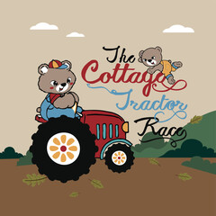 Adorable bear character riding a tractor through a lush garden in a charming and playful vector illustration.
